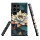 Phone case with ivory water lily, green leaves, and butterfly accents on dark background