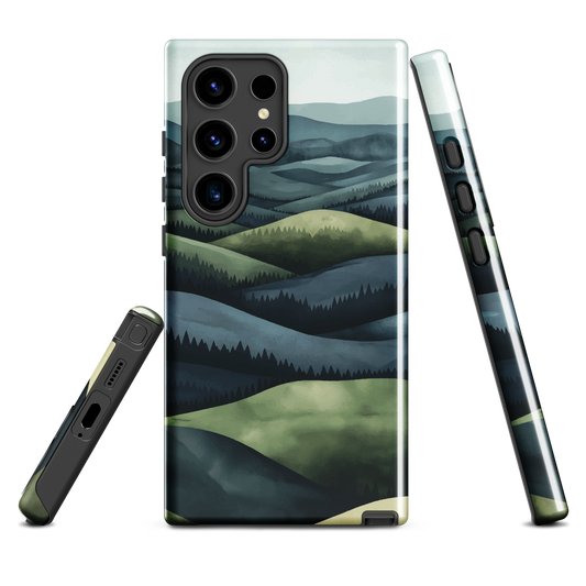 Phone case with layered mountain and forest landscape in blue and green hues