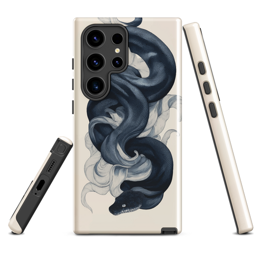 Phone case with black python and smoke design on cream background, serpent art by NZ artist Ben Hart.