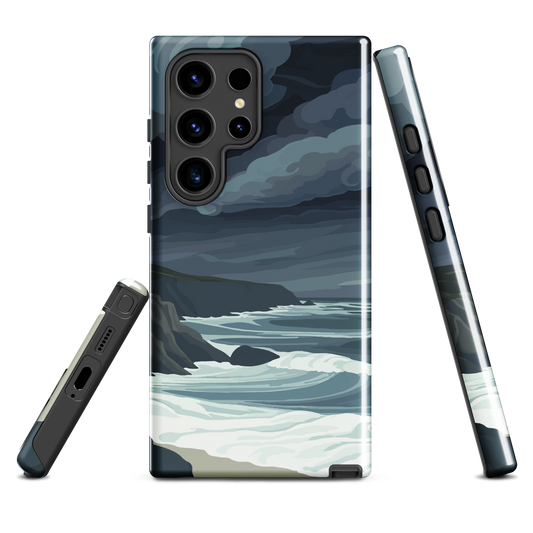 Phone case featuring moody Cape Kidnappers coastline with crashing waves and dark skies