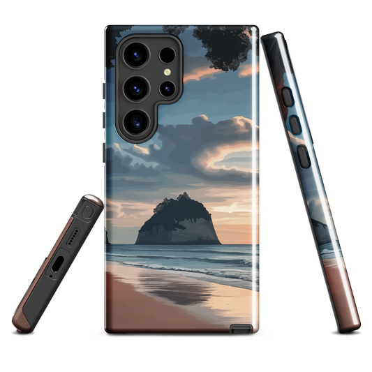 Phone case with Cathedral Cove beach and sunset scene, featuring soft skies and sea stack, by NZ artist Ben Hart.