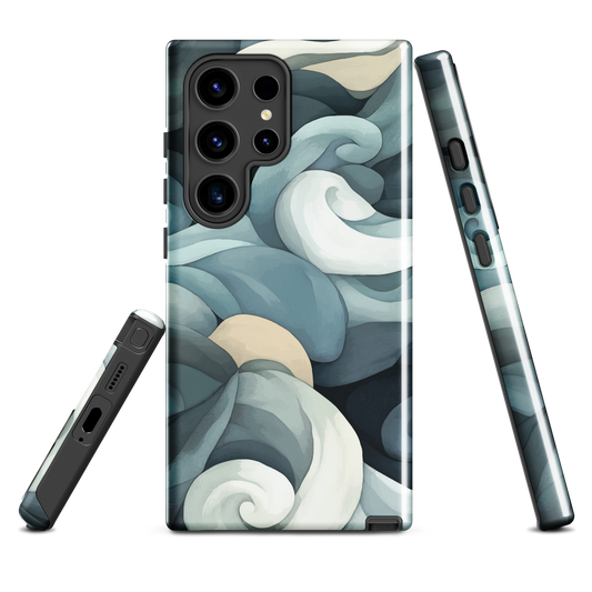 Phone case with abstract swirling ocean waves in blue and cream