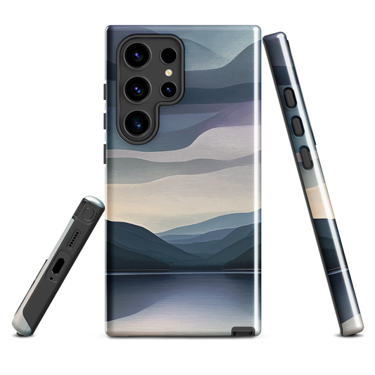 Phone case with moody blue and purple layered mountain and lake landscape artwork