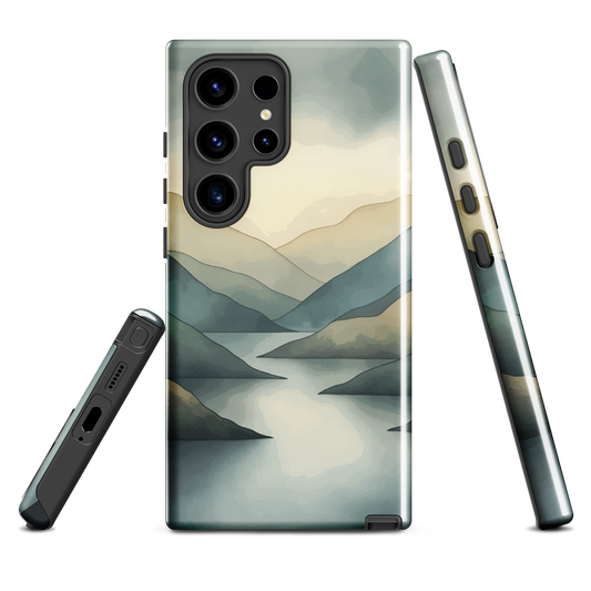 Phone case with soft mountain and valley design in misty green, blue, and golden tones