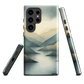 Phone case with soft mountain and valley design in misty green, blue, and golden tones