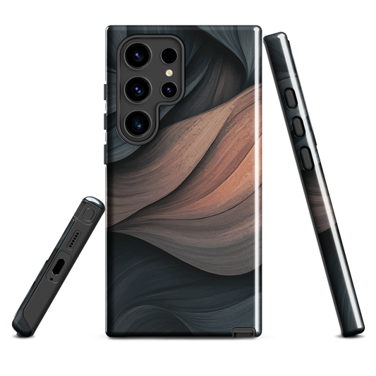 Phone case with flowing abstract design in black, copper and charcoal tones, inspired by dusk shadows