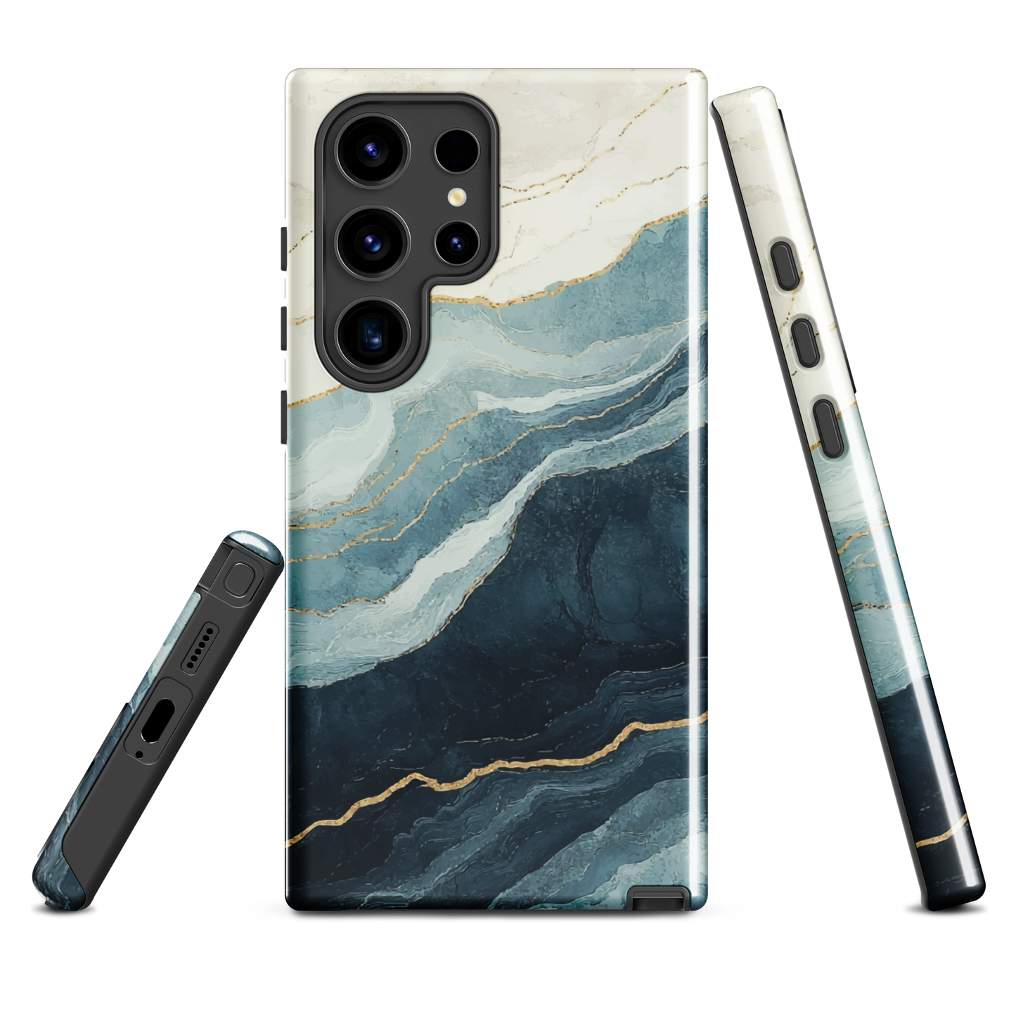An elegant abstract phone case inspired by layered coastal forms in blue and teal tones.