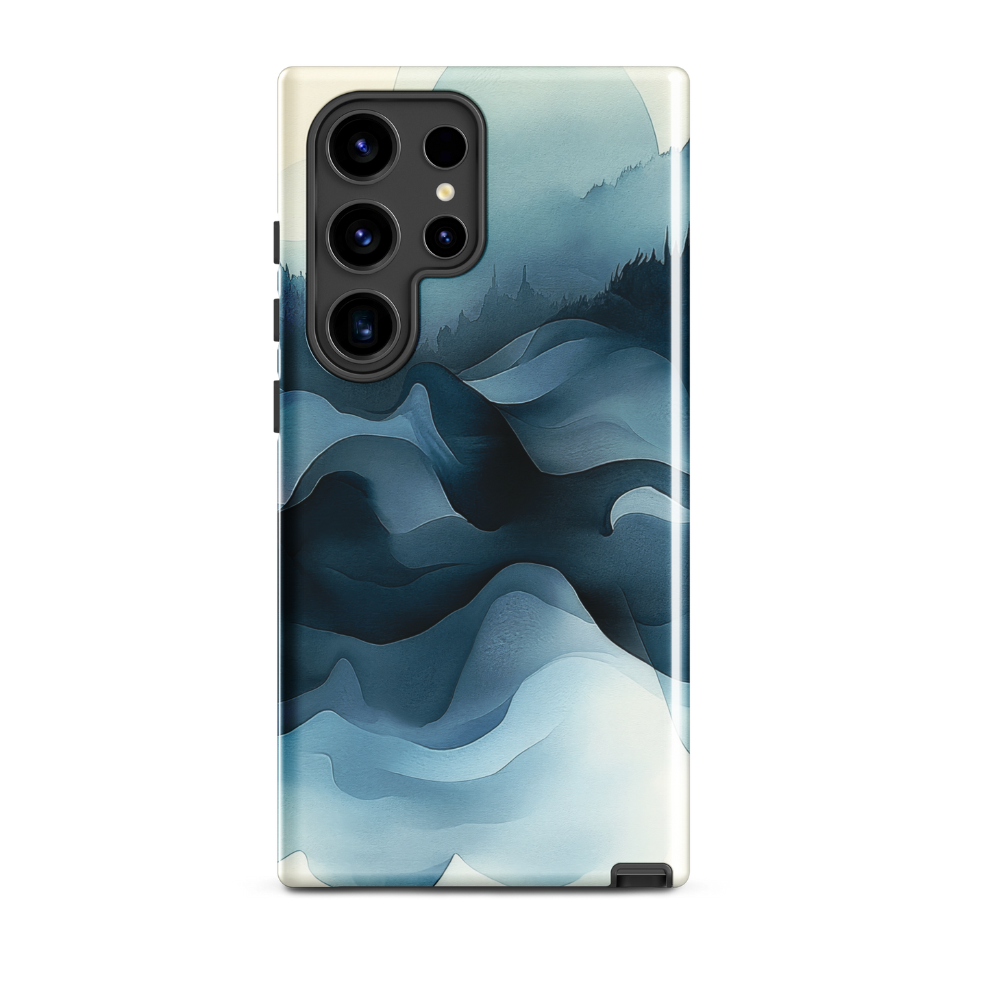 A calming abstract landscape phone case inspired by quiet valleys and soft blue tones.
