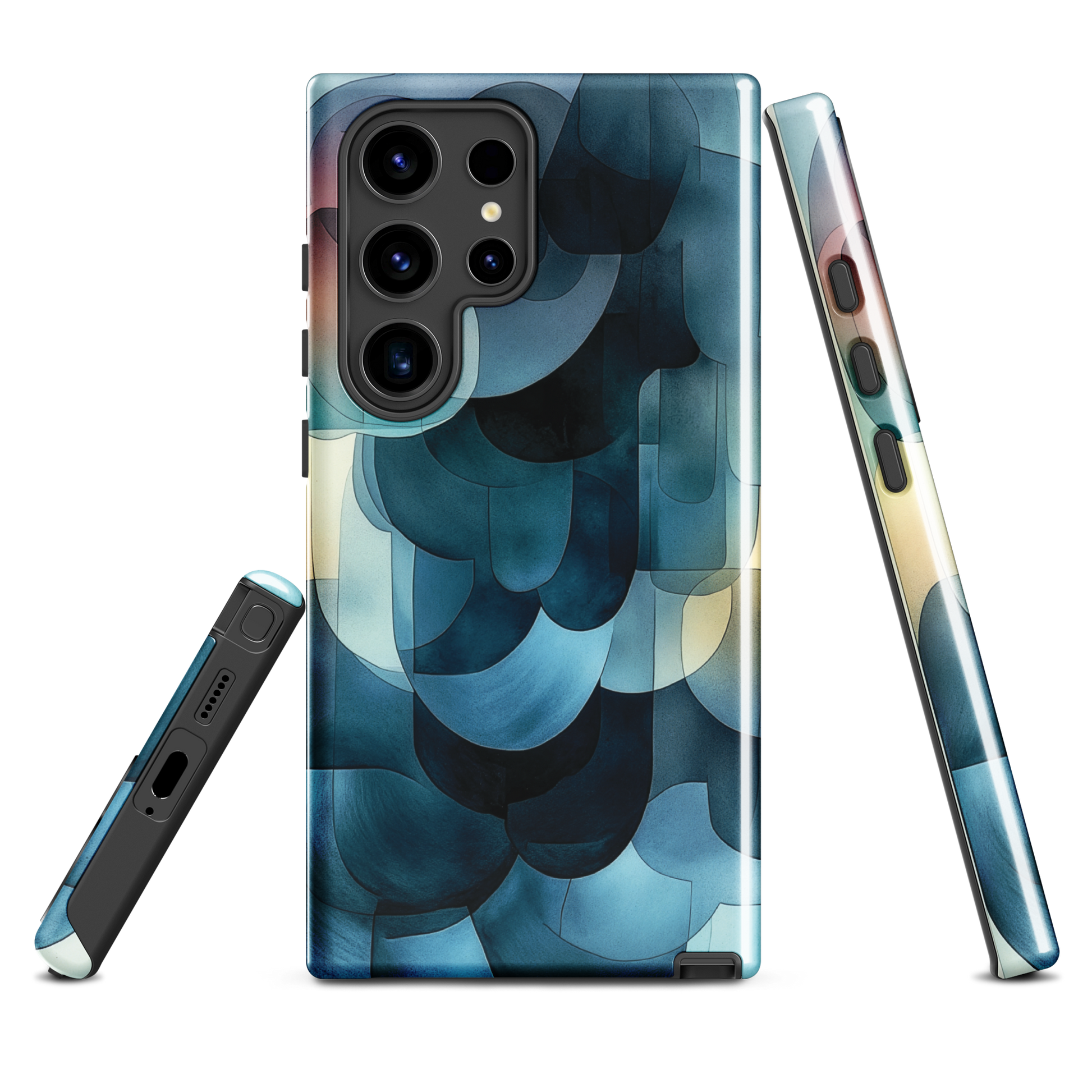 A modern abstract phone case featuring layered blue forms and soft flowing shapes.