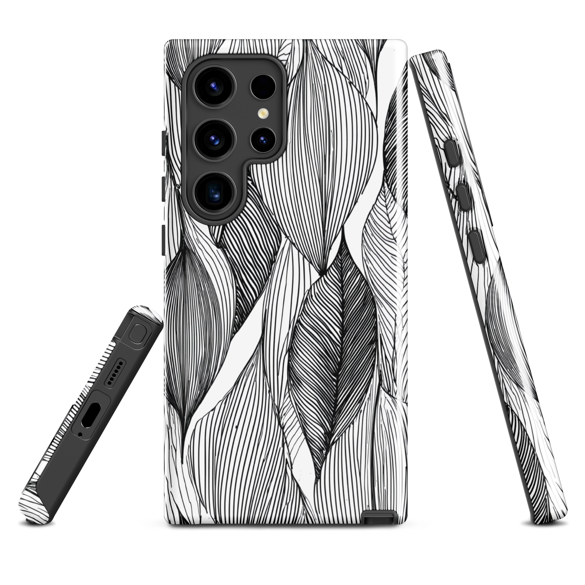 A minimalist phone case featuring fine black botanical linework in a repeating leaf pattern.