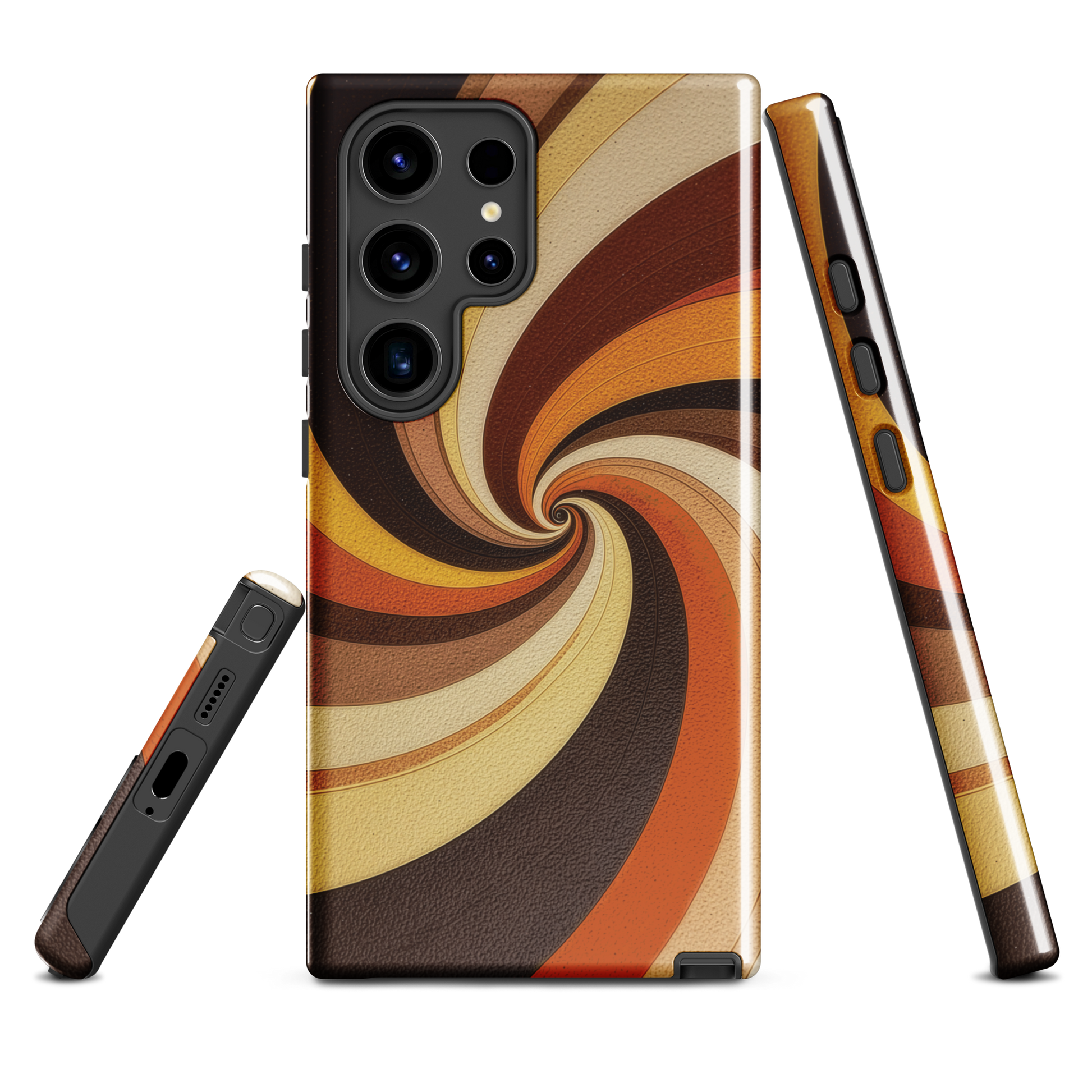 A retro-inspired phone case featuring warm swirling patterns in orange, yellow, and brown tones.