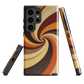A retro-inspired phone case featuring warm swirling patterns in orange, yellow, and brown tones.