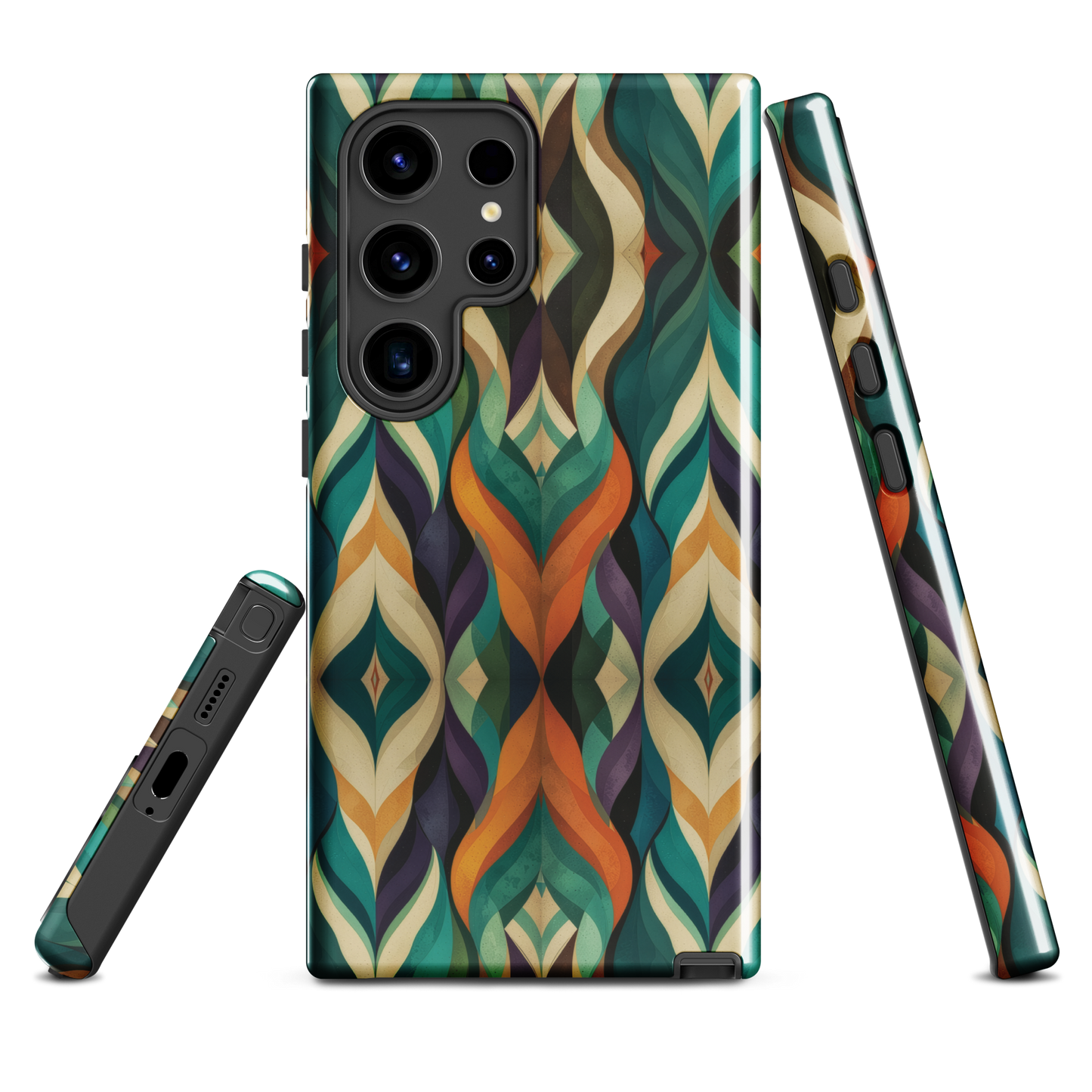 A bold geometric phone case featuring layered shapes in rich, earthy tones.