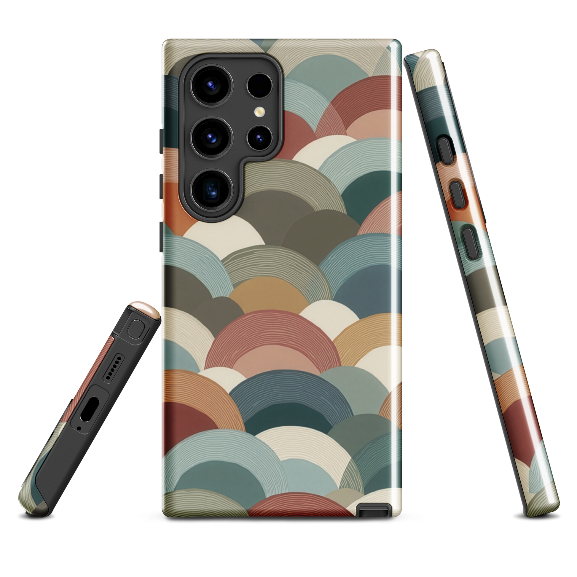 A soft retro-inspired phone case featuring layered arc shapes in warm, earthy tones.