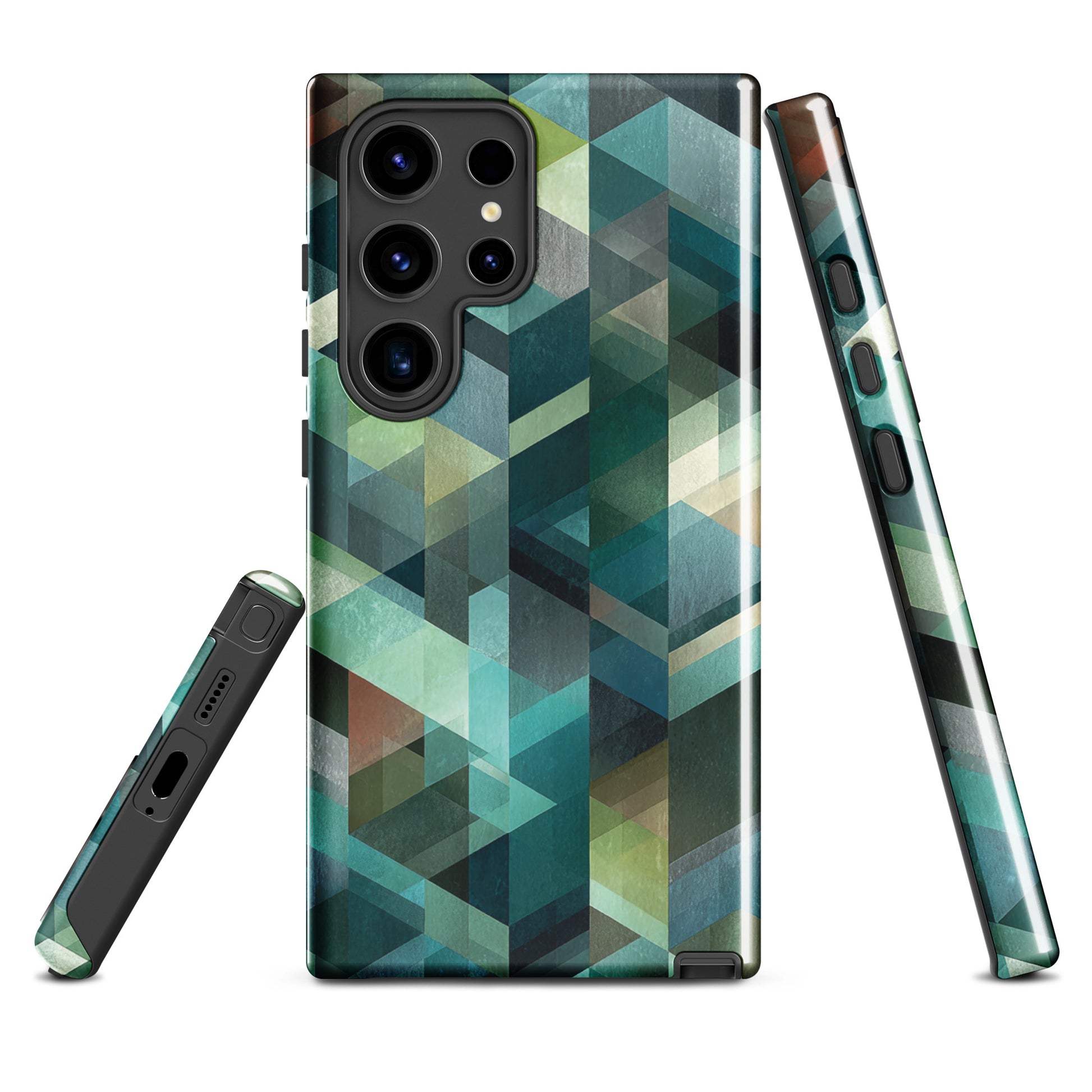 Modern abstract geometric phone case in teal and blue tones with layered retro-inspired shapes.