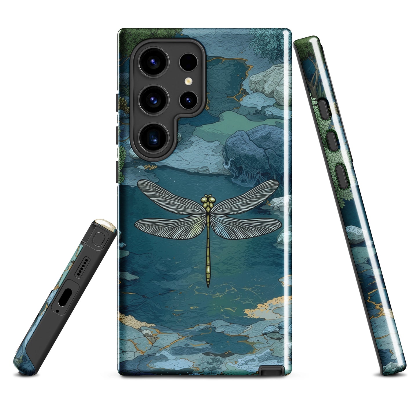 Nature-inspired phone case featuring a dragonfly over calm water with blue and green forest tones.
