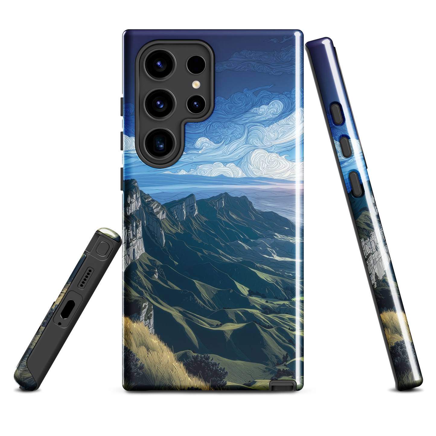 Te Mata Peak designer phone case with Hawke’s Bay cliffs, rolling green hills and dramatic swirling sky