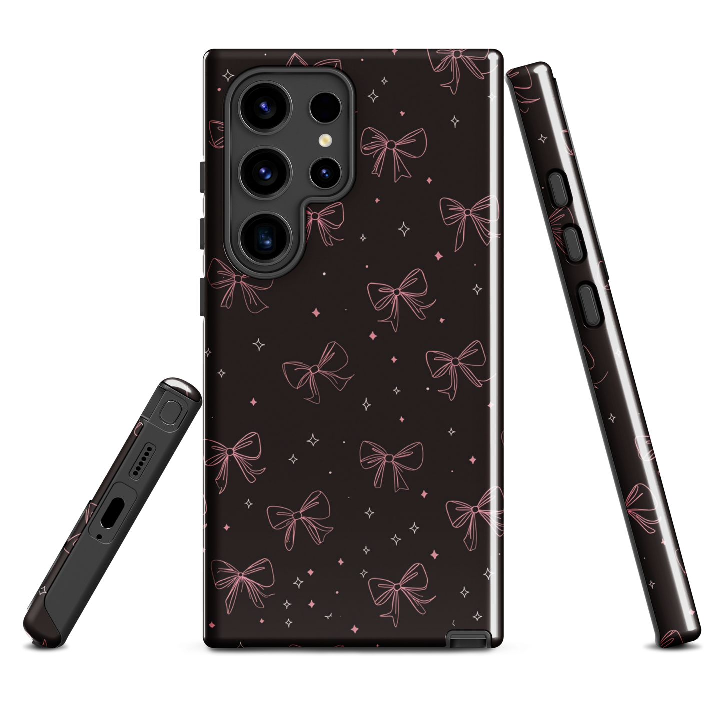 Midnight Bow seamless repeat pattern — pink hand-drawn ribbon bows and sparkle stars on a black background