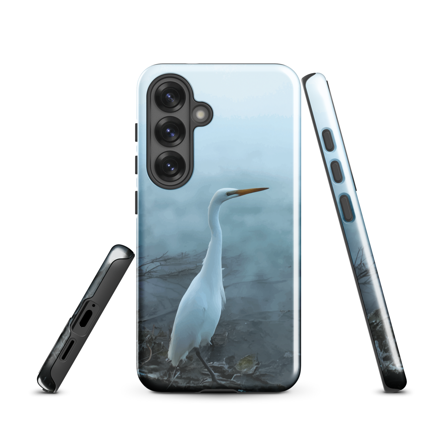 'White Heron in the mist' Samsung Galaxy S25 tough phone case - protective glossy case NZ Australia