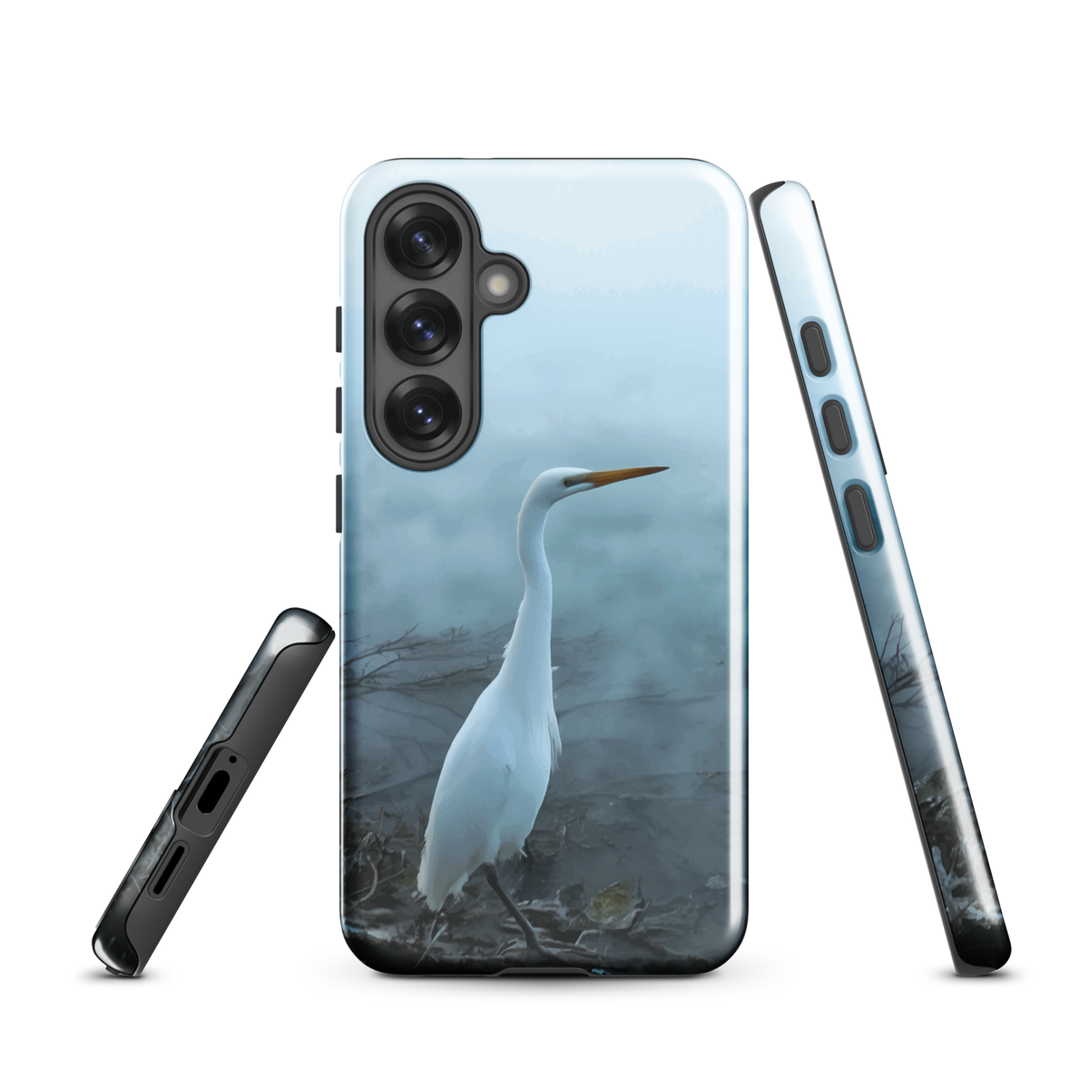 'White Heron in the mist' Samsung Galaxy S25 tough phone case - protective glossy case NZ Australia