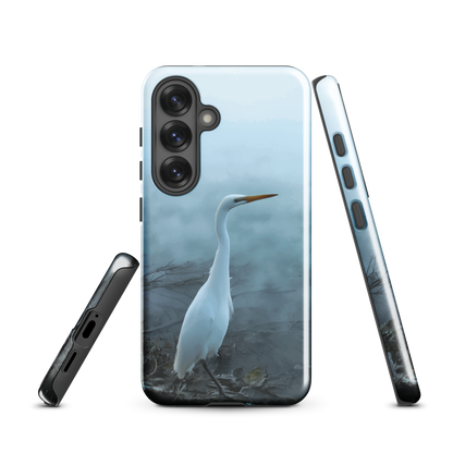 'White Heron in the mist' Samsung Galaxy S25 tough phone case - protective glossy case NZ Australia