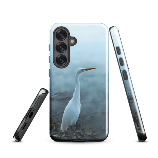 'White Heron in the mist' Samsung Galaxy S25 tough phone case - protective glossy case NZ Australia