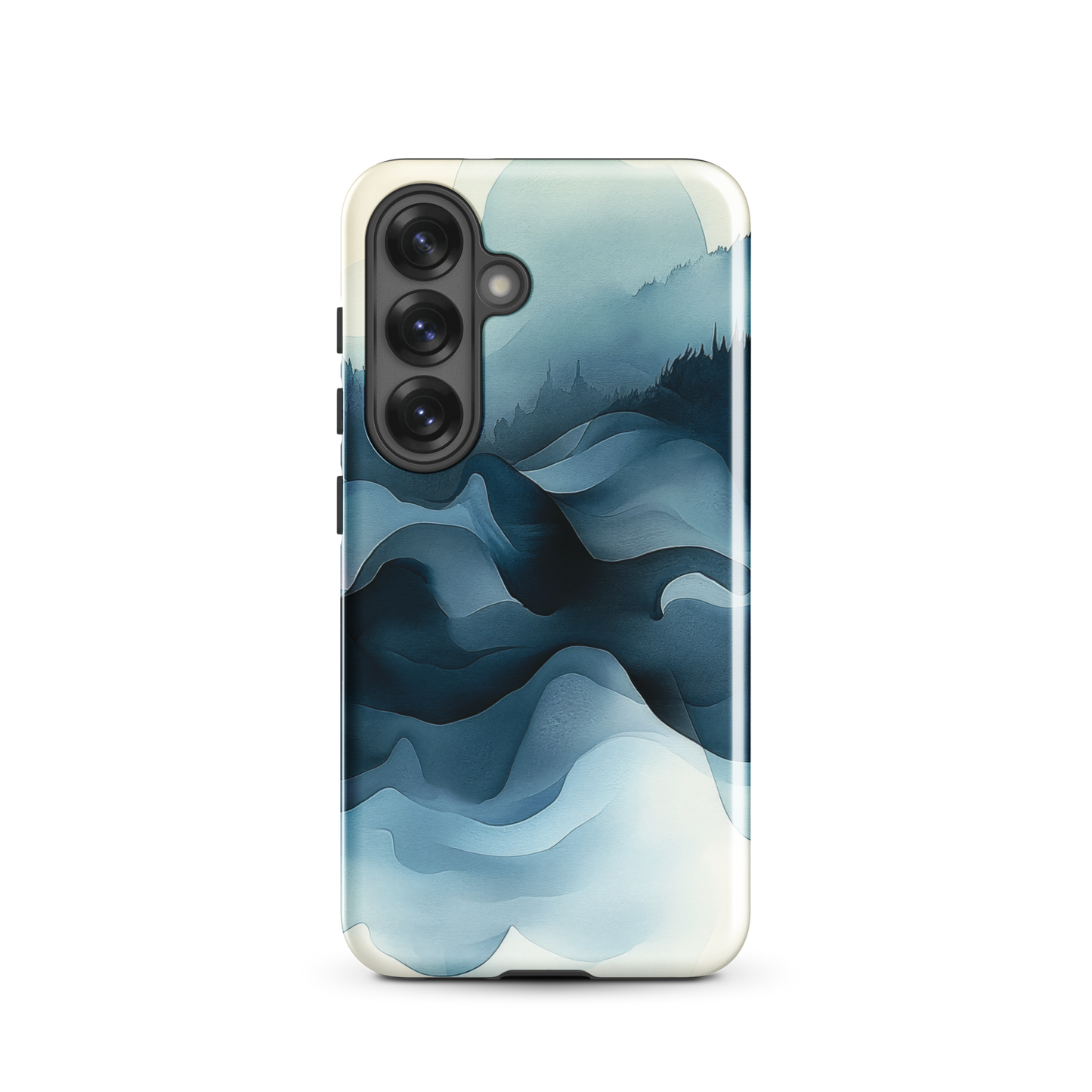 A calming abstract landscape phone case inspired by quiet valleys and soft blue tones.