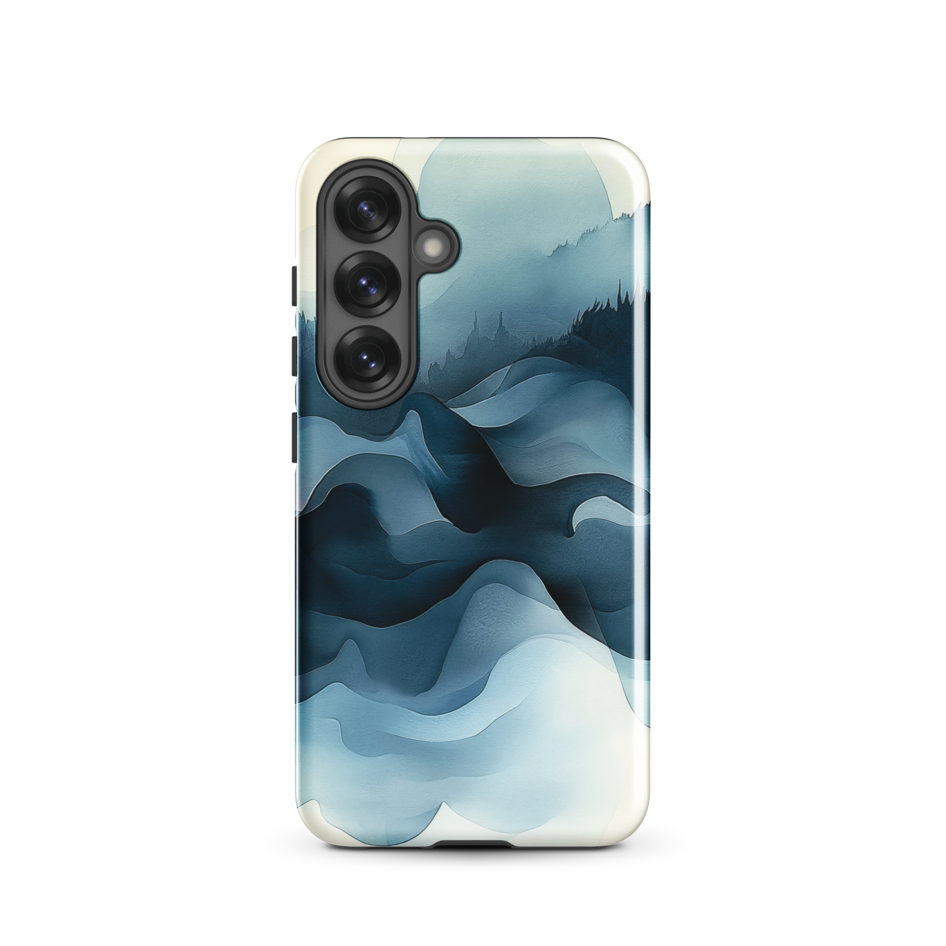 A calming abstract landscape phone case inspired by quiet valleys and soft blue tones.