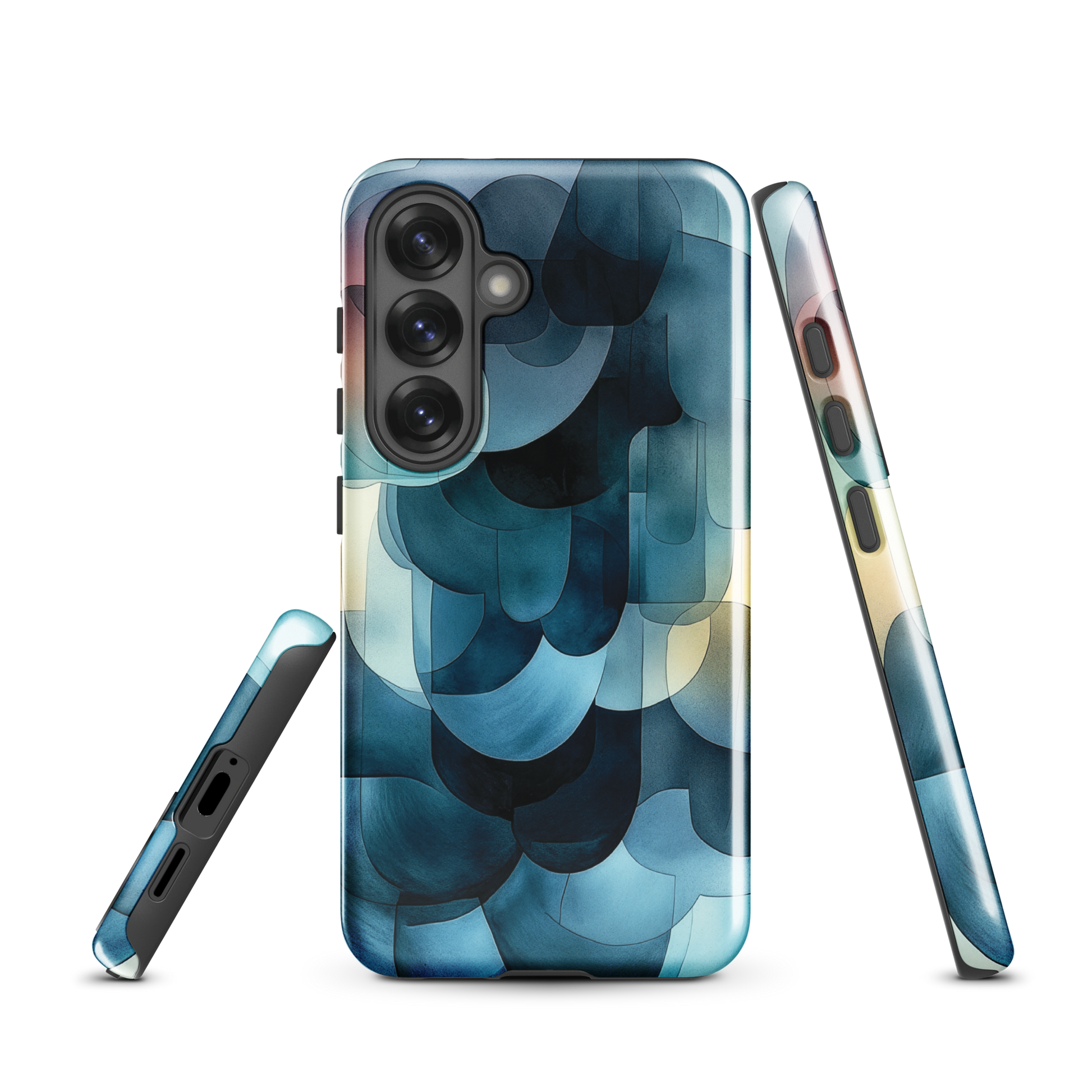 A modern abstract phone case featuring layered blue forms and soft flowing shapes.