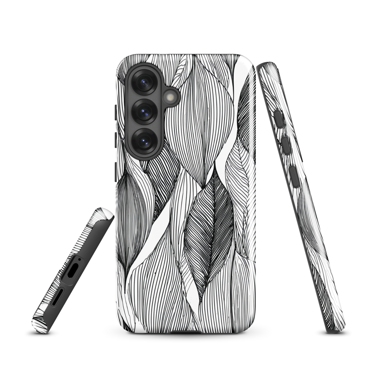 A minimalist phone case featuring fine black botanical linework in a repeating leaf pattern.