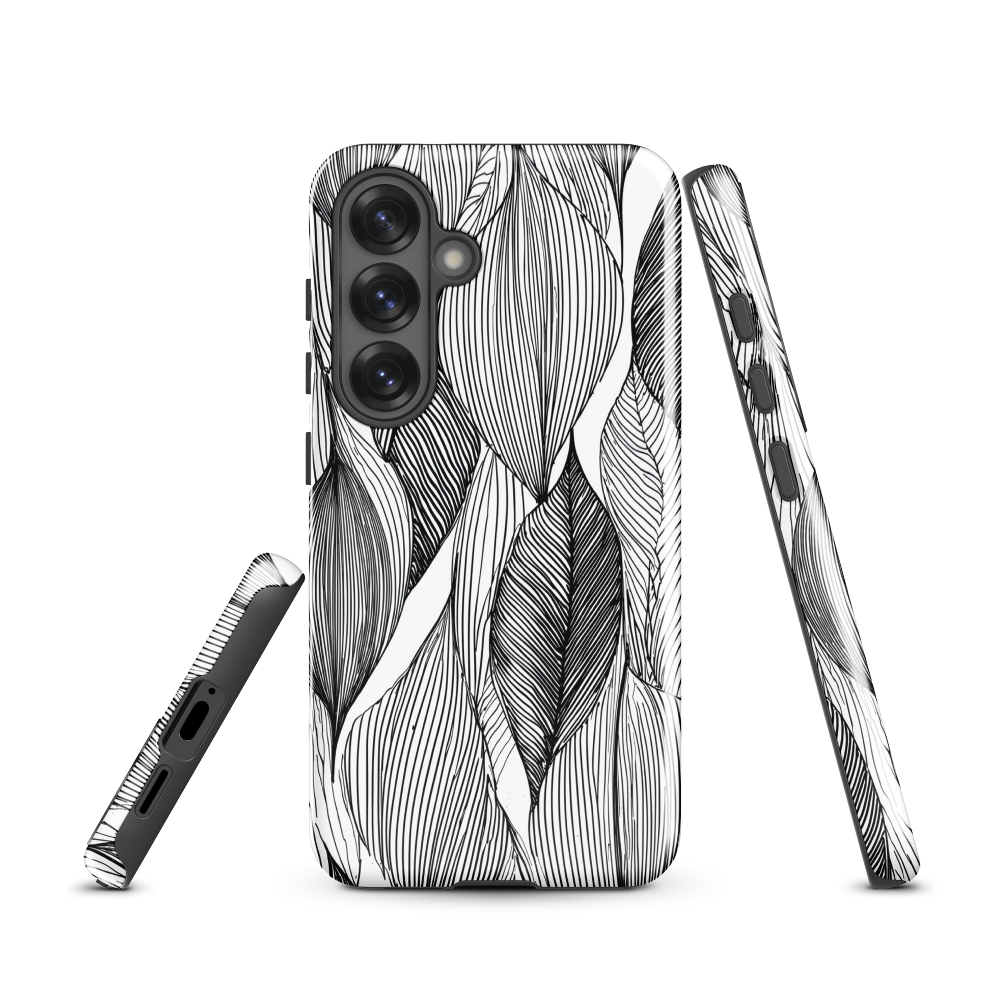 A minimalist phone case featuring fine black botanical linework in a repeating leaf pattern.