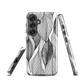 A minimalist phone case featuring fine black botanical linework in a repeating leaf pattern.