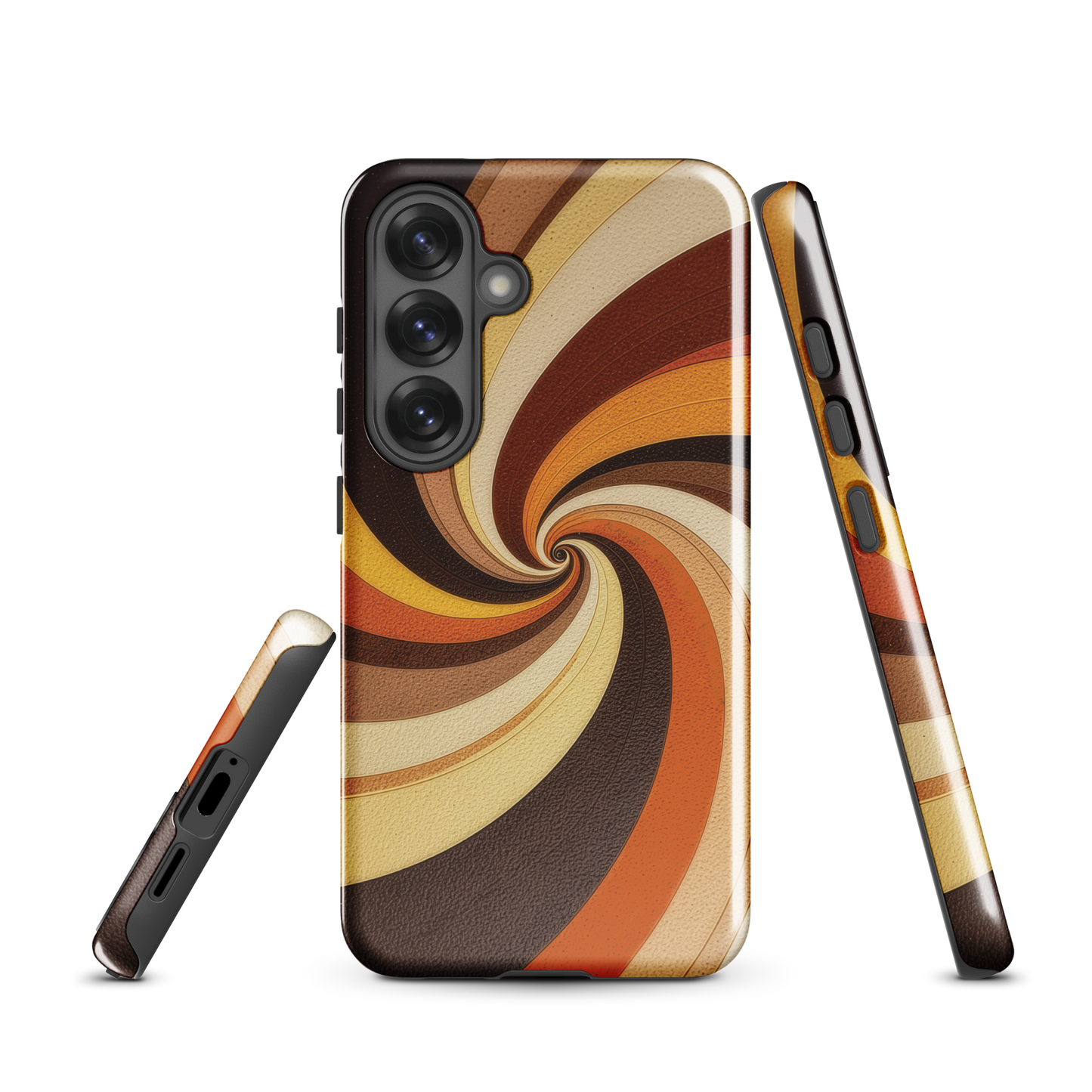 A retro-inspired phone case featuring warm swirling patterns in orange, yellow, and brown tones.