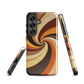 A retro-inspired phone case featuring warm swirling patterns in orange, yellow, and brown tones.