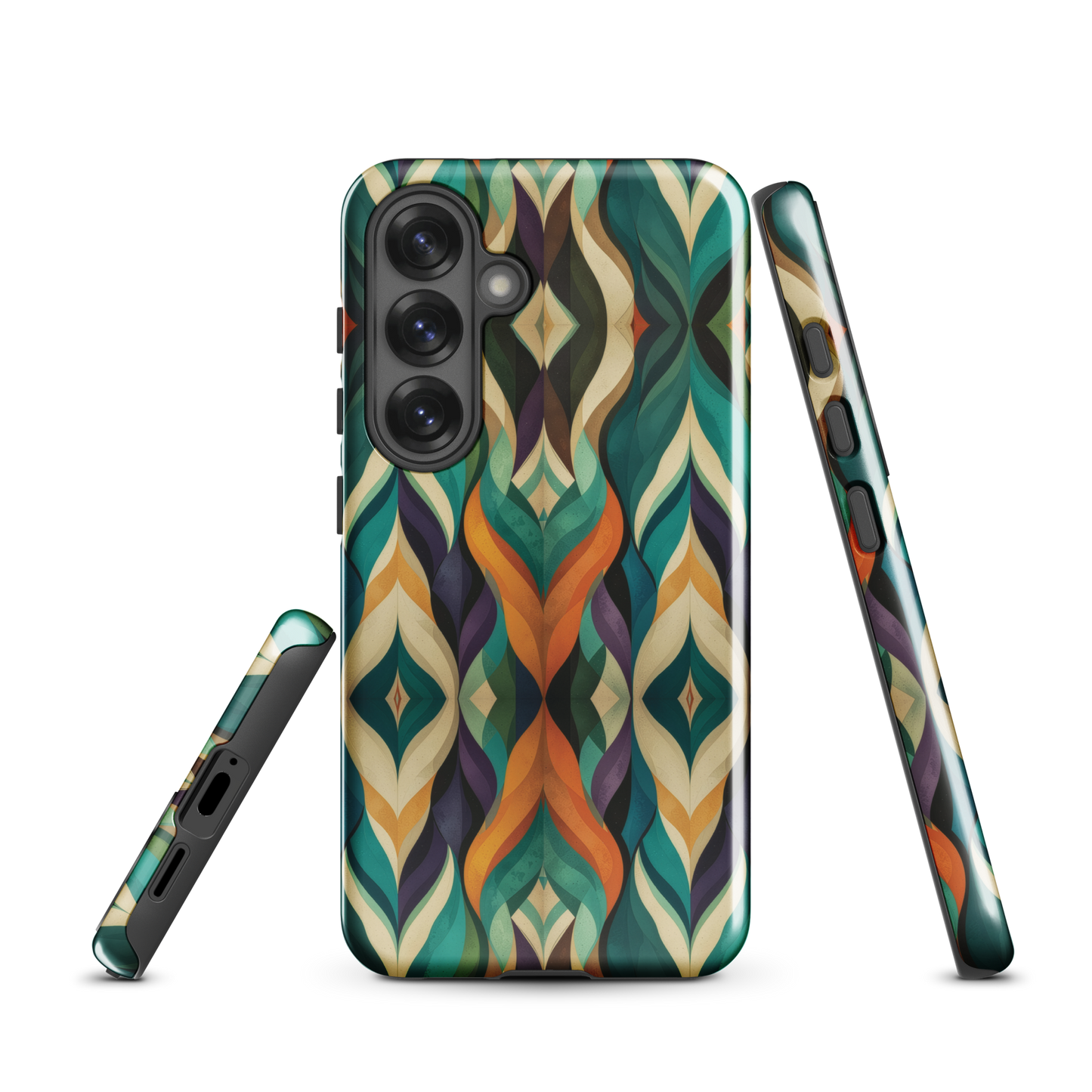 A bold geometric phone case featuring layered shapes in rich, earthy tones.