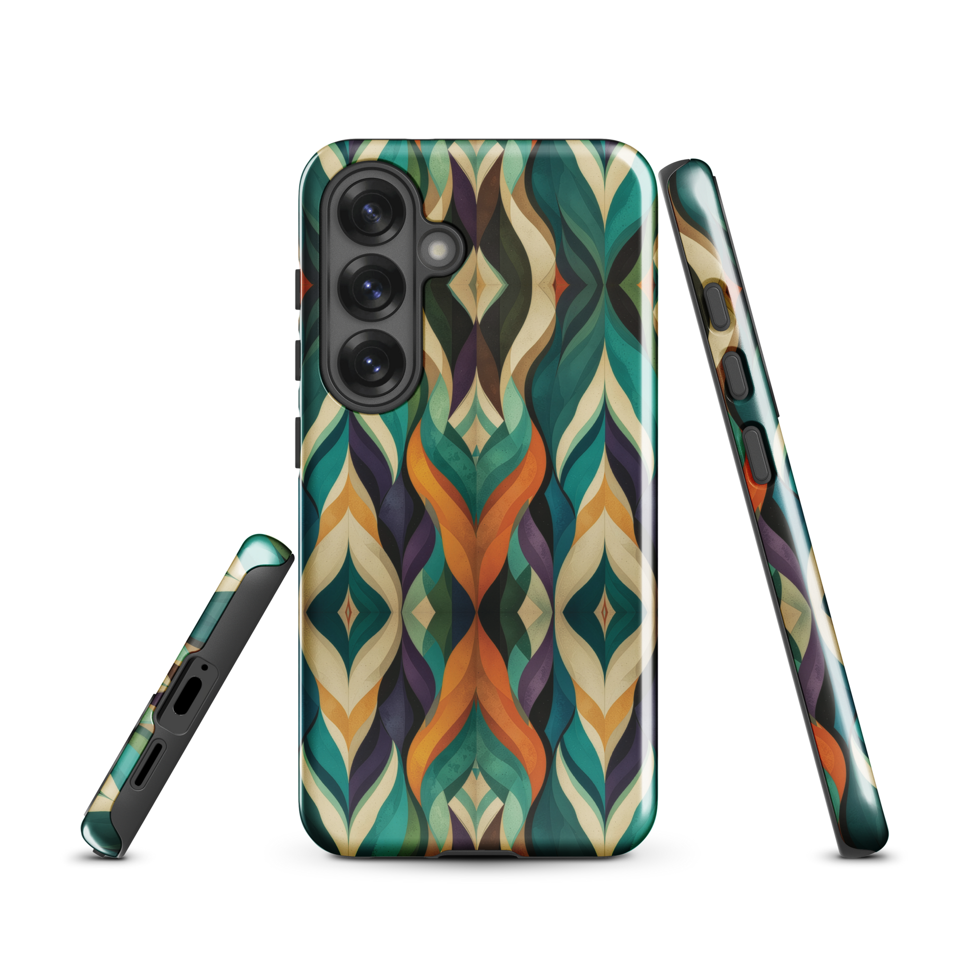 A bold geometric phone case featuring layered shapes in rich, earthy tones.
