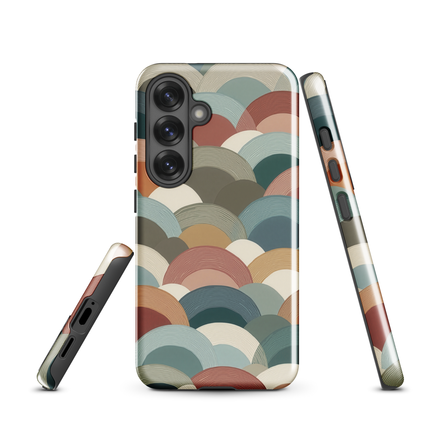 A soft retro-inspired phone case featuring layered arc shapes in warm, earthy tones.