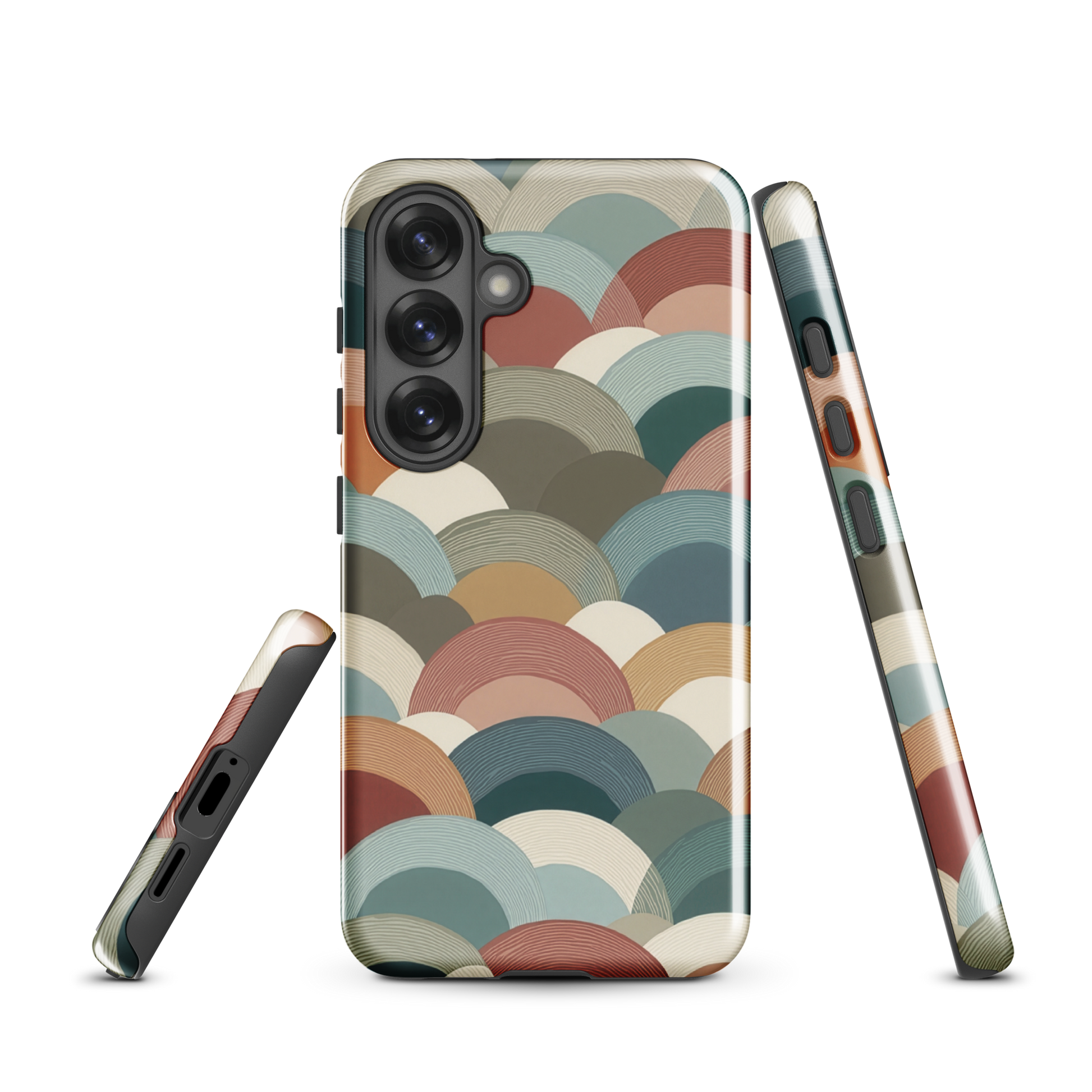 A soft retro-inspired phone case featuring layered arc shapes in warm, earthy tones.