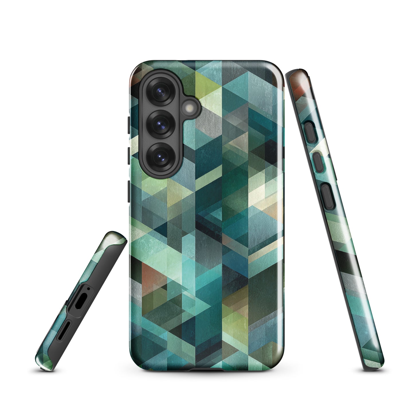 Modern abstract geometric phone case in teal and blue tones with layered retro-inspired shapes.