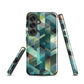 Modern abstract geometric phone case in teal and blue tones with layered retro-inspired shapes.