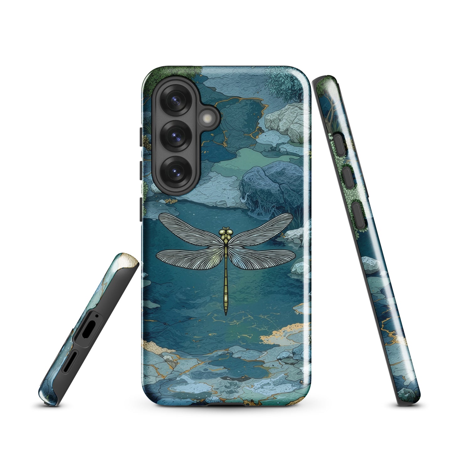 Nature-inspired phone case featuring a dragonfly over calm water with blue and green forest tones.