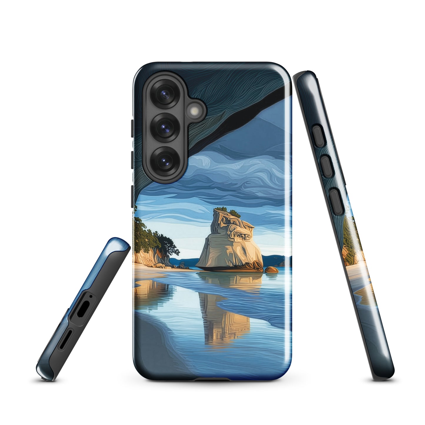 Artistic Cathedral Cove coastal designer phone case with arch rock, blue ocean and golden cliffs