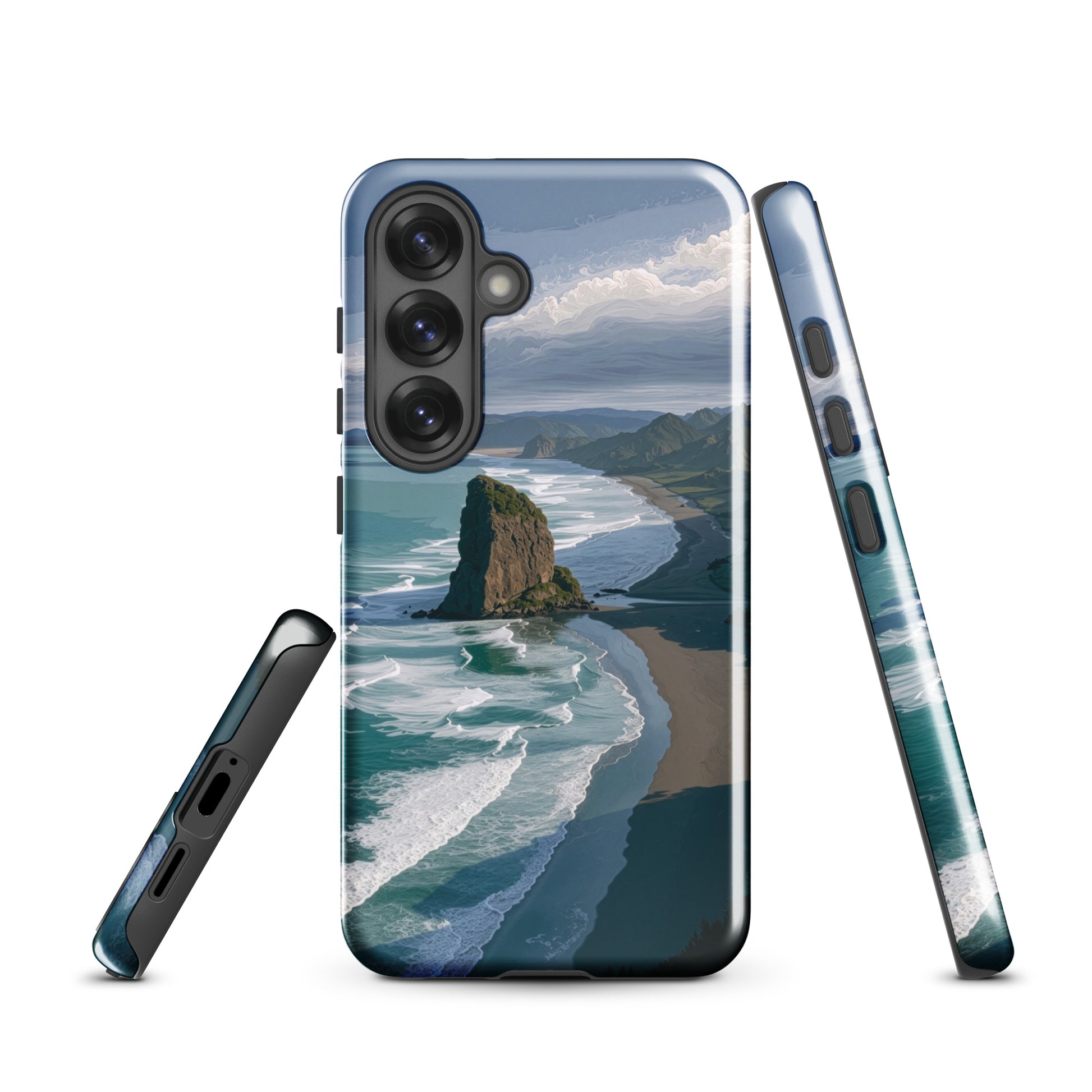 Piha Beach Lion Rock designer phone case with turquoise waves and dramatic NZ coastline