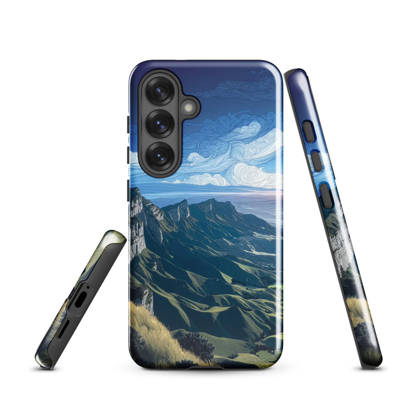 Te Mata Peak designer phone case with Hawke’s Bay cliffs, rolling green hills and dramatic swirling sky