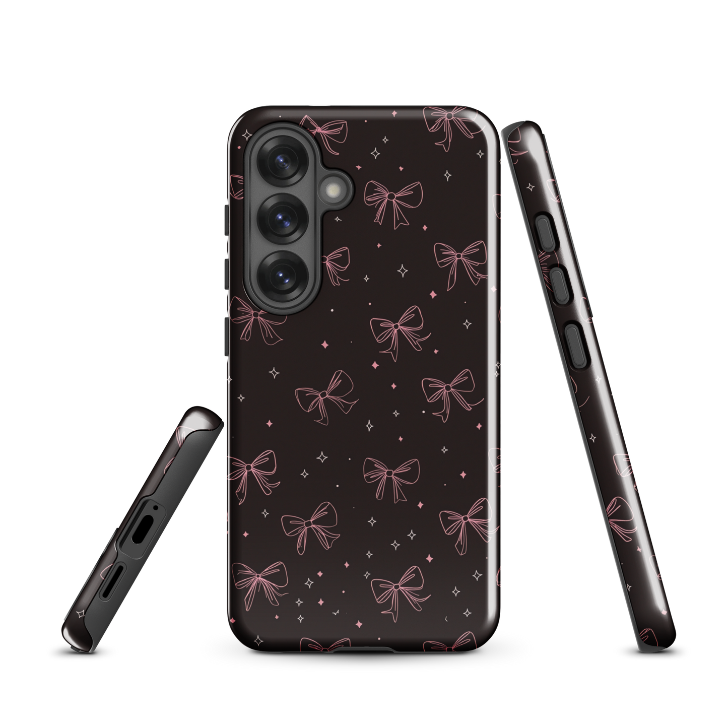 Midnight Bow seamless repeat pattern — pink hand-drawn ribbon bows and sparkle stars on a black background