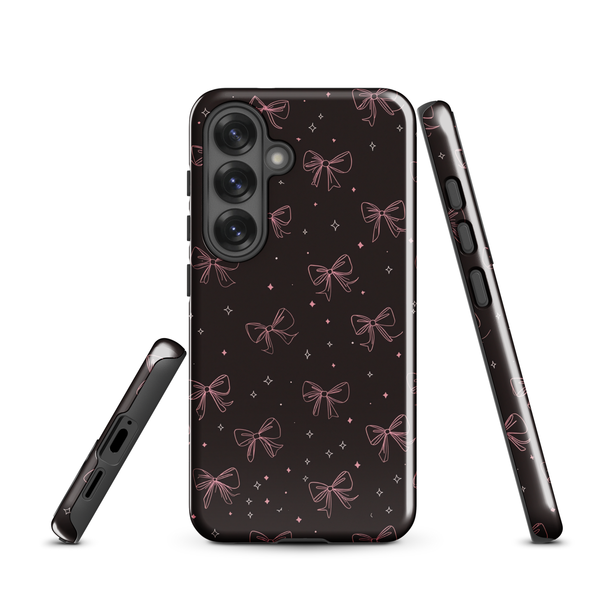 Midnight Bow seamless repeat pattern — pink hand-drawn ribbon bows and sparkle stars on a black background