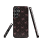 Midnight Bow seamless repeat pattern — pink hand-drawn ribbon bows and sparkle stars on a black background