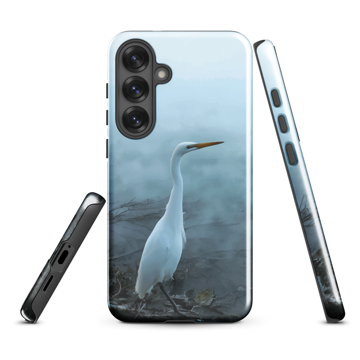 'White Heron in the mist' Samsung Galaxy S25 Plus tough phone case - protective glossy case NZ Australia