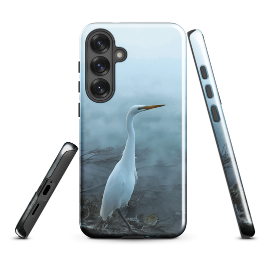 'White Heron in the mist' Samsung Galaxy S25 Plus tough phone case - protective glossy case NZ Australia