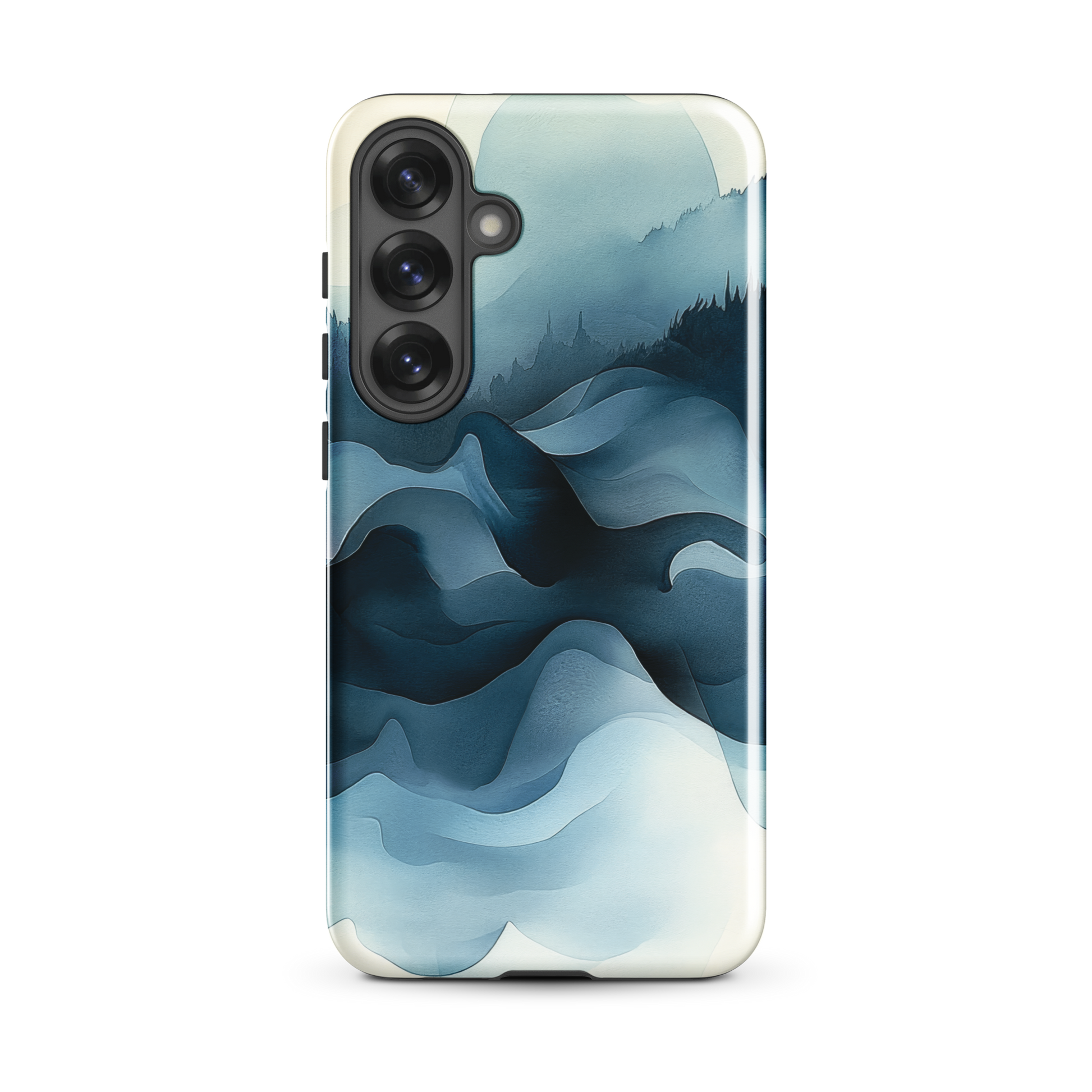 A calming abstract landscape phone case inspired by quiet valleys and soft blue tones.